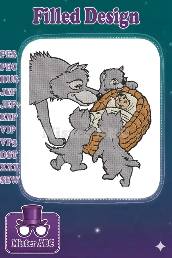 An enchanting embroidery design featuring a baby in a basket surrounded by a loving adult wolf and three playful pups.