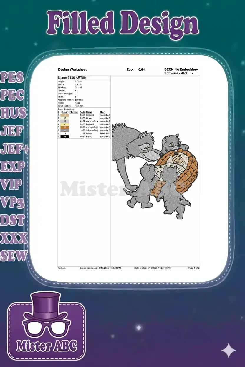 A comprehensive design worksheet for embroidery, detailing thread colors, stitch counts, dimensions, and machine specifications.