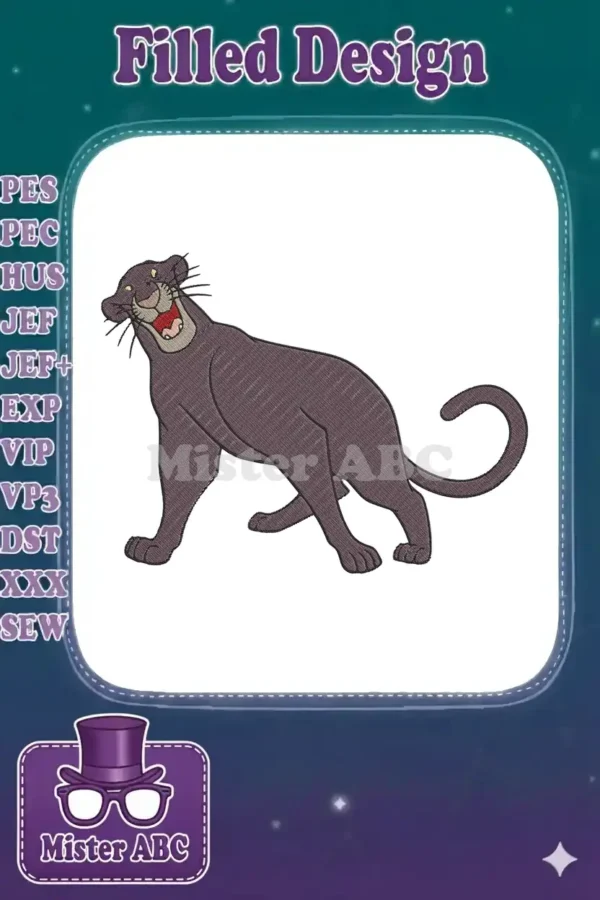 A vibrant embroidery design of Bagheera, the black panther, from The Jungle Book, laughing joyfully.