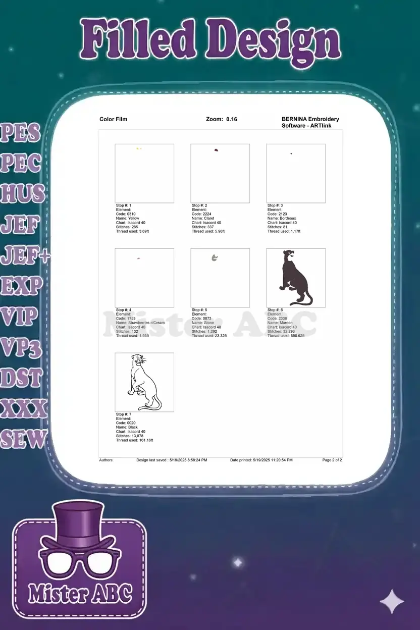 A detailed color film chart illustrating the stitch sequence and color application for the Bagheera embroidery design.