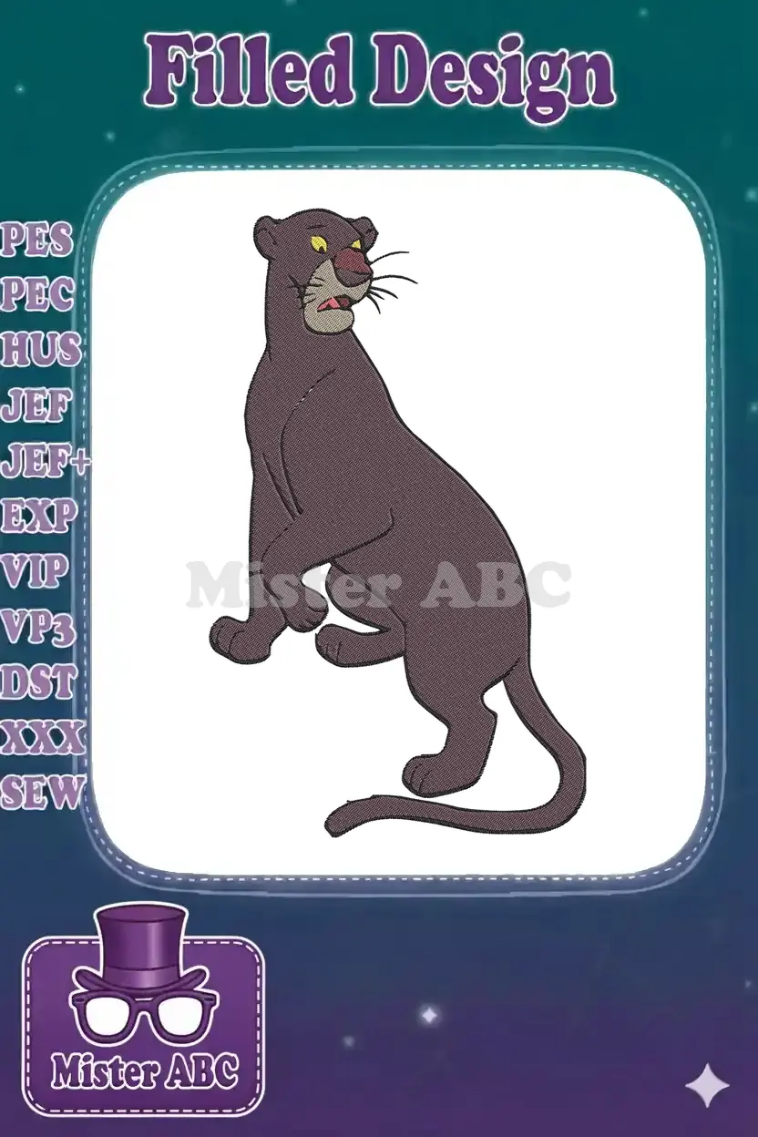 A magnificent Bagheera black panther machine embroidery design, sitting elegantly, perfect for any Disney fan.