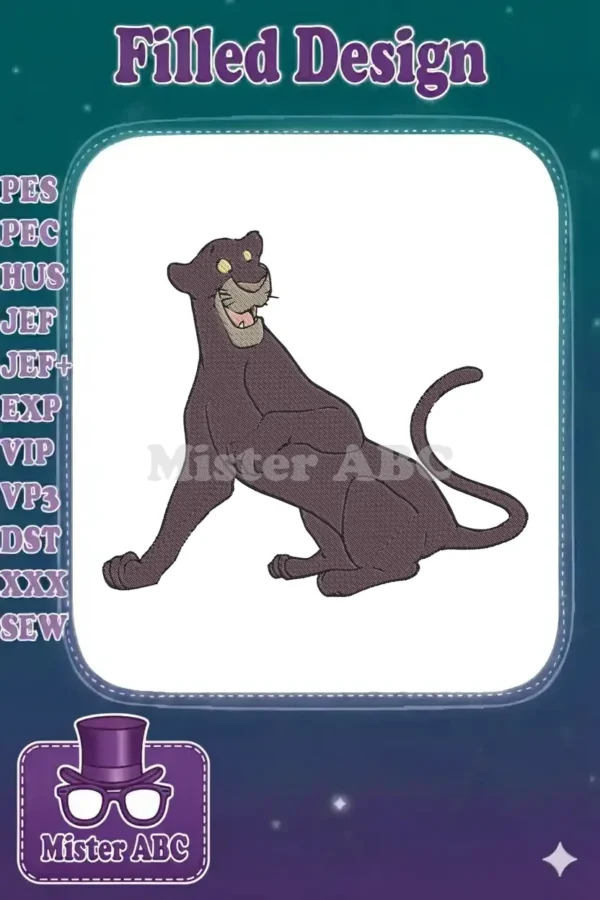Detailed embroidery of Bagheera, the black panther from Disney's The Jungle Book, sitting with a gentle smile.