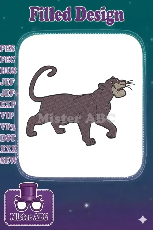 Detailed embroidery of Bagheera the black panther, captured mid-stride with an open mouth, showcasing intricate stitch work.