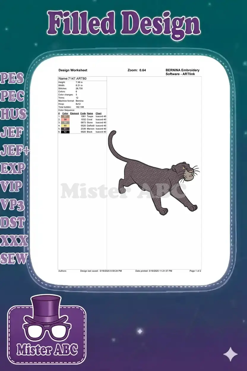 Embroidery design worksheet for Bagheera, detailing dimensions, stitch count, color sequence, and machine info.