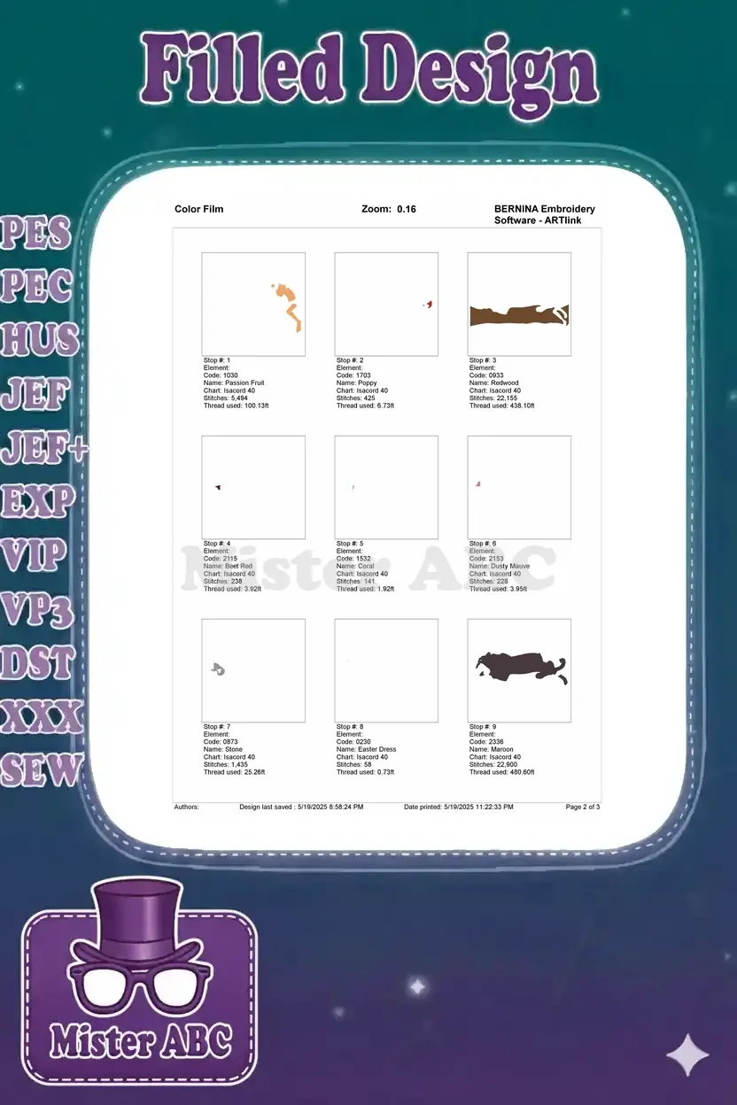 First page of the embroidery color film, illustrating the initial six color stops and their individual stitch elements.