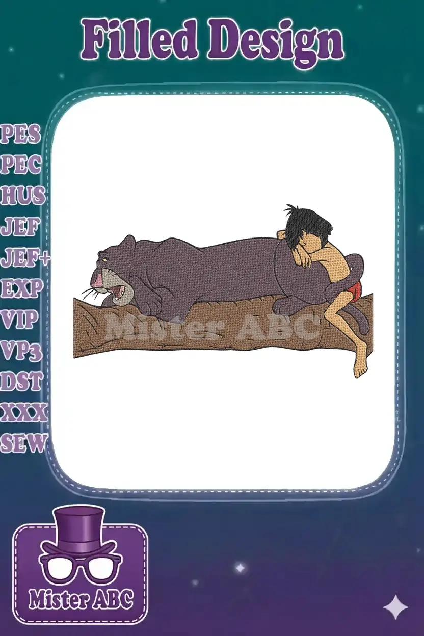A delightful embroidery design showing Mowgli sleeping peacefully on Bagheera, the black panther, on a branch.