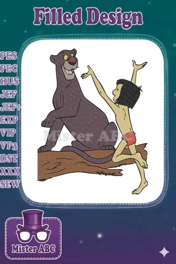 Baloo the bear and Mowgli from The Jungle Book, an iconic duo, captured in a vibrant, detailed embroidery design.