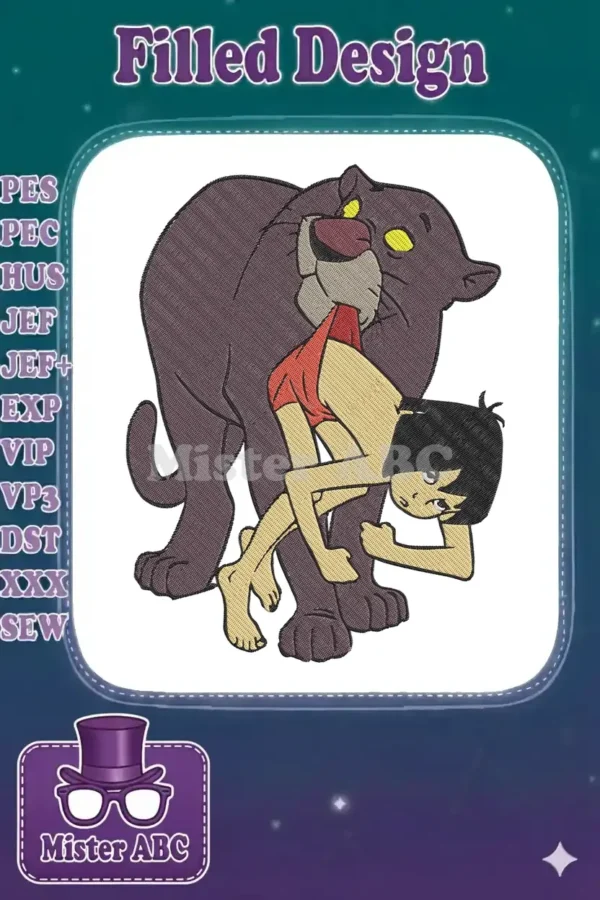An intricate embroidery design of Mowgli from The Jungle Book with Bagheera, featuring detailed satin stitches.