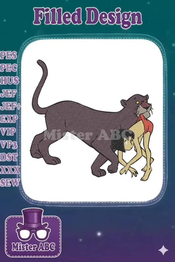 Bagheera the panther carrying Mowgli from The Jungle Book, an intricate embroidery design showcasing detailed stitching.