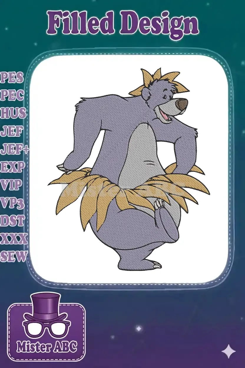 Baloo the bear from Jungle Book dancing in a grass skirt and headpiece, a vibrant embroidery design.