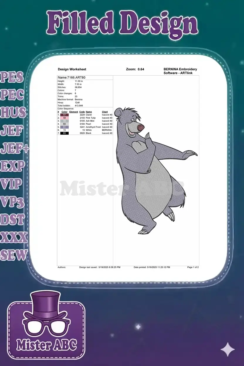 Detailed embroidery design worksheet for Baloo, showing dimensions, stitch count, thread colors, and machine compatibility.