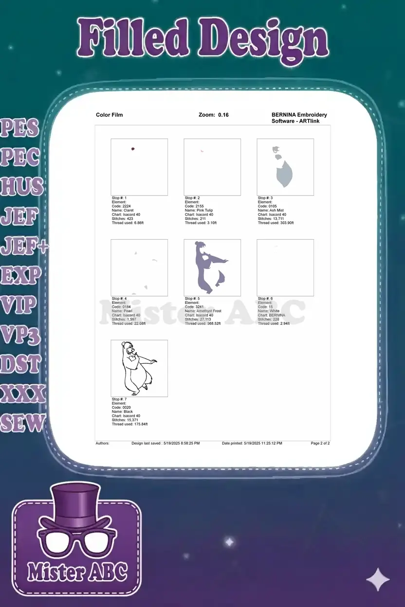 Embroidery color film illustrating the stitch sequence and thread usage for each color element of the Baloo design.