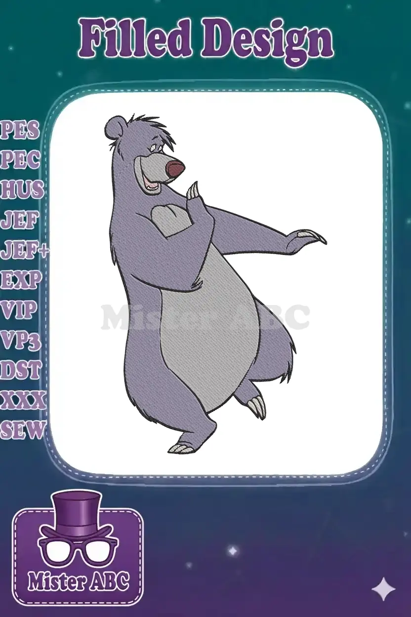 A vibrant embroidery design featuring Baloo from Disney's The Jungle Book, captured in a cheerful, dancing pose.