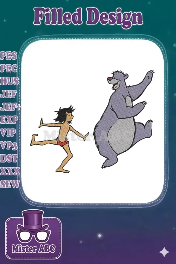 Mowgli and Baloo from The Jungle Book dancing joyfully, an intricate embroidery design with vibrant colors and expressive details.