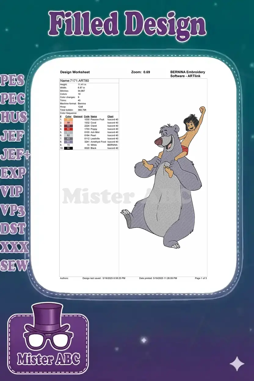 Detailed embroidery design worksheet showing Baloo and Mowgli, with technical specifications and color chart.