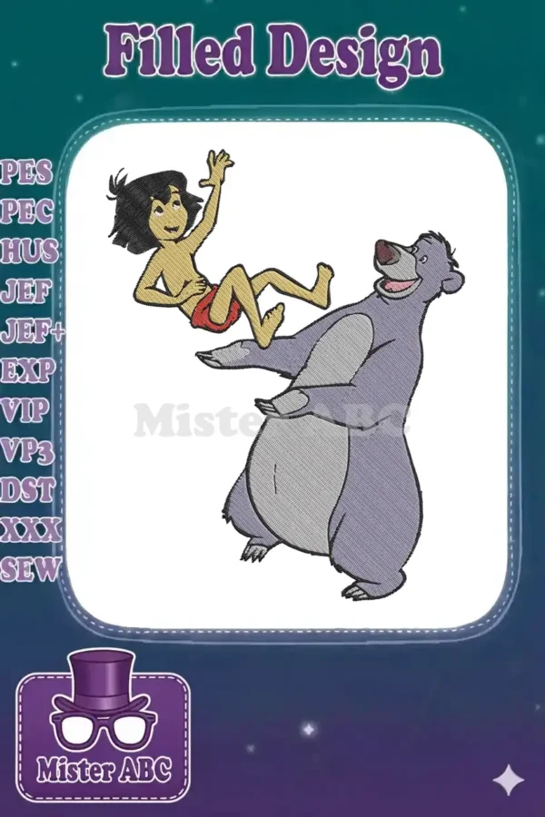 A vibrant embroidery design featuring Mowgli being playfully tossed by Baloo the bear, showcasing their joyful friendship vividly.