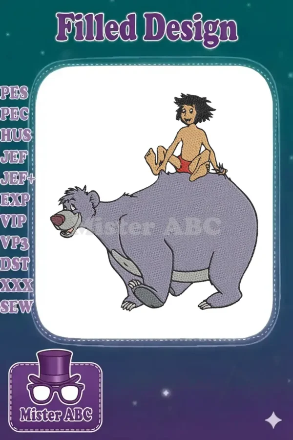 Full embroidery design of Mowgli from The Jungle Book riding on Baloo's back, isolated on a white background.