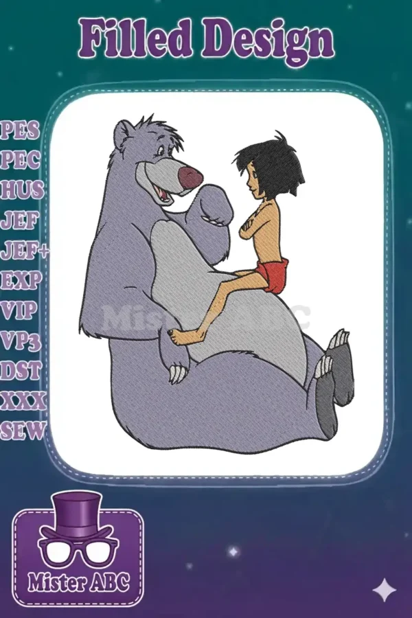 Baloo the bear and Mowgli the boy from The Jungle Book, sitting together in a heartwarming embroidery design.