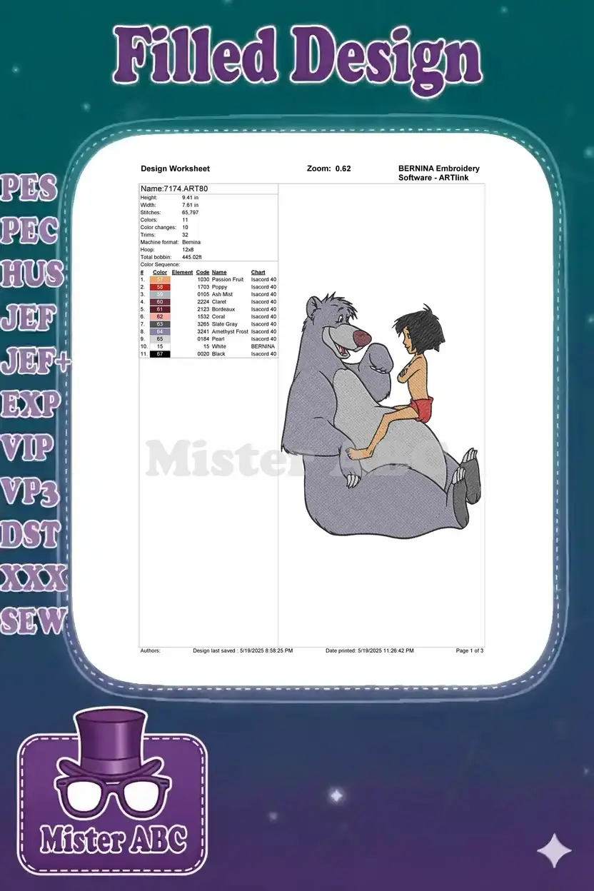 A detailed embroidery design worksheet for Baloo and Mowgli, showing dimensions, stitch count, and color chart.