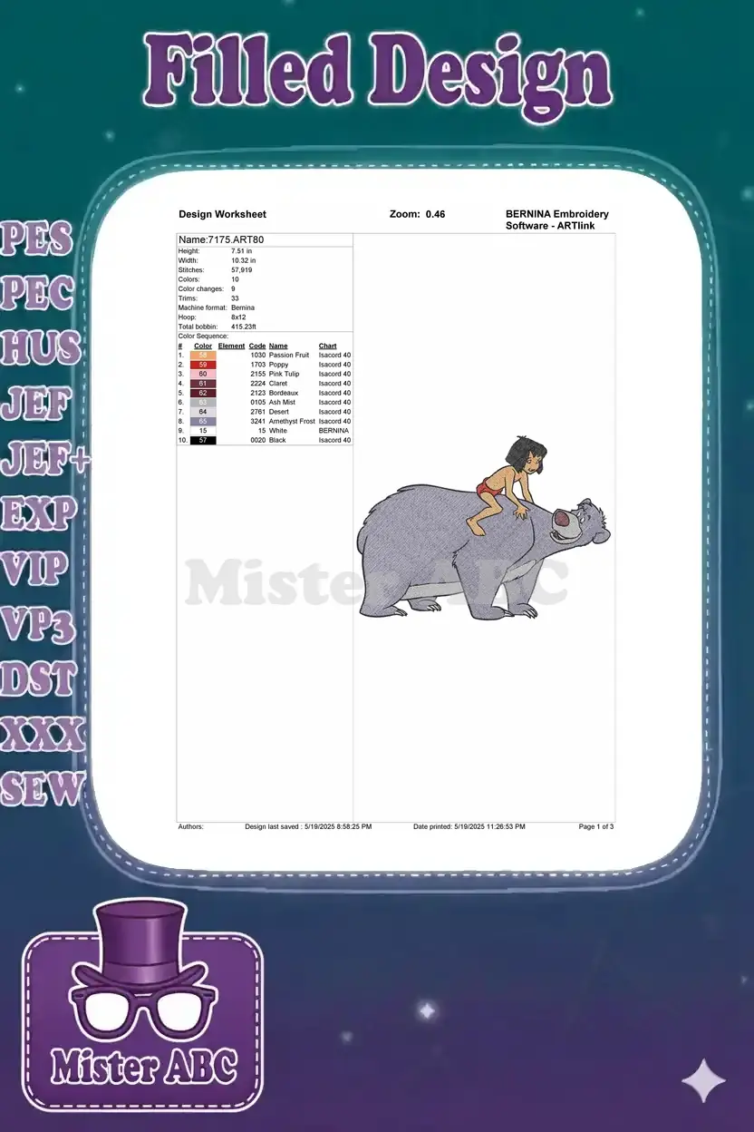 A detailed embroidery design worksheet providing essential information like dimensions, stitch count, and color sequence.