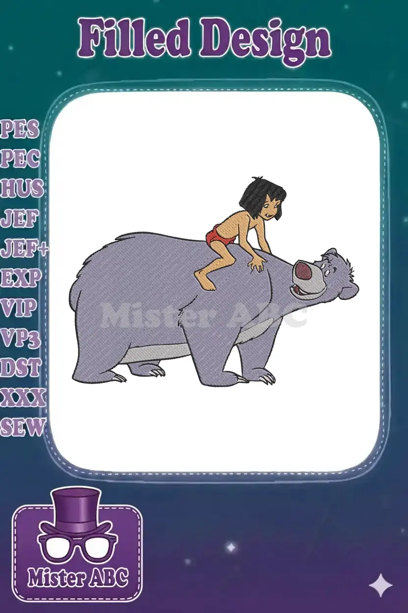 Mowgli, the main character from The Jungle Book, happily riding on the back of his loyal bear friend, Baloo.
