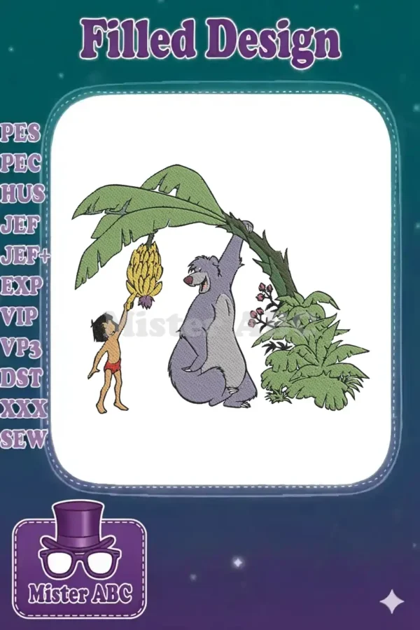 Detailed embroidery design featuring Mowgli offering bananas to Baloo, who is playfully hanging from a lush banana tree.