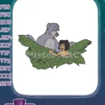 Playful Baloo and Mowgli peeking from green leaves embroidery designs - Instant Download
