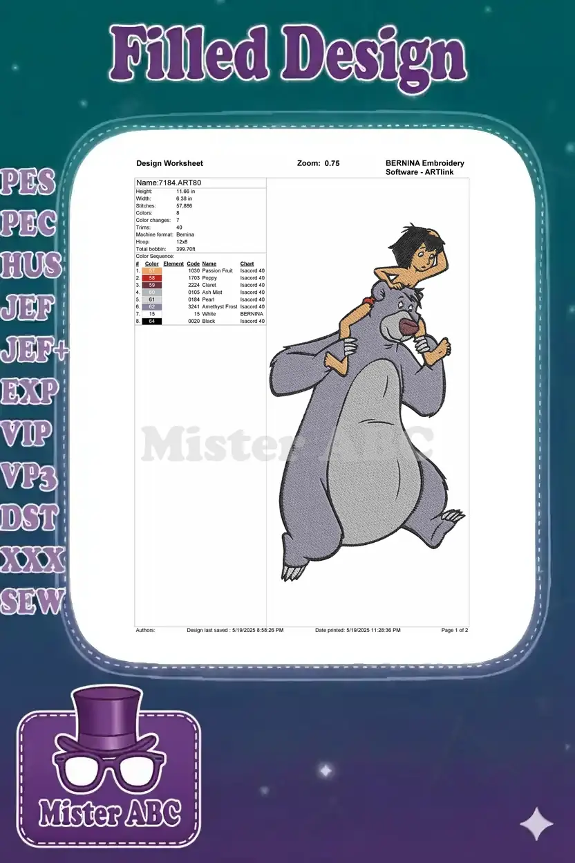 Detailed embroidery design worksheet for Mowgli and Baloo, showing dimensions, stitch count, and color palette.