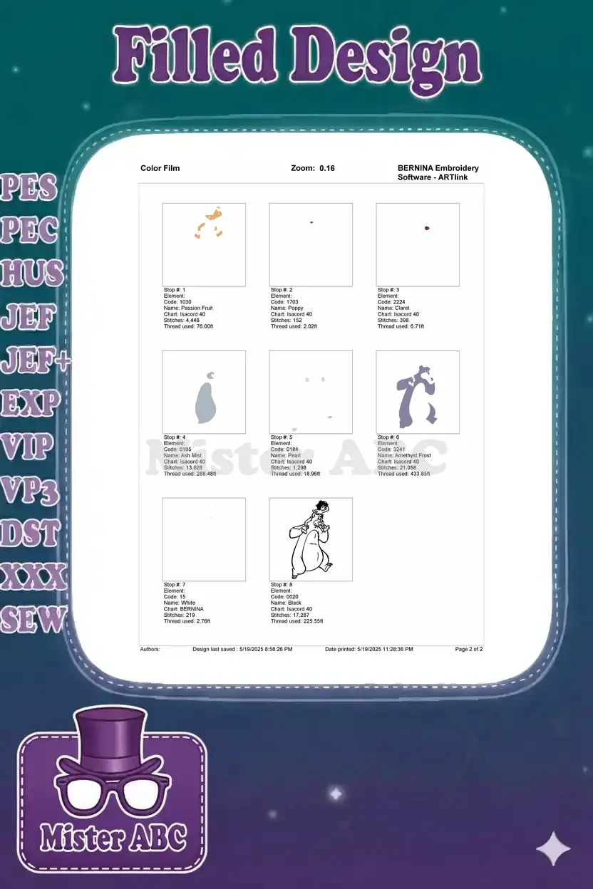 Embroidery color film breakdown showing individual stitch stops and thread usage for the Mowgli and Baloo design.