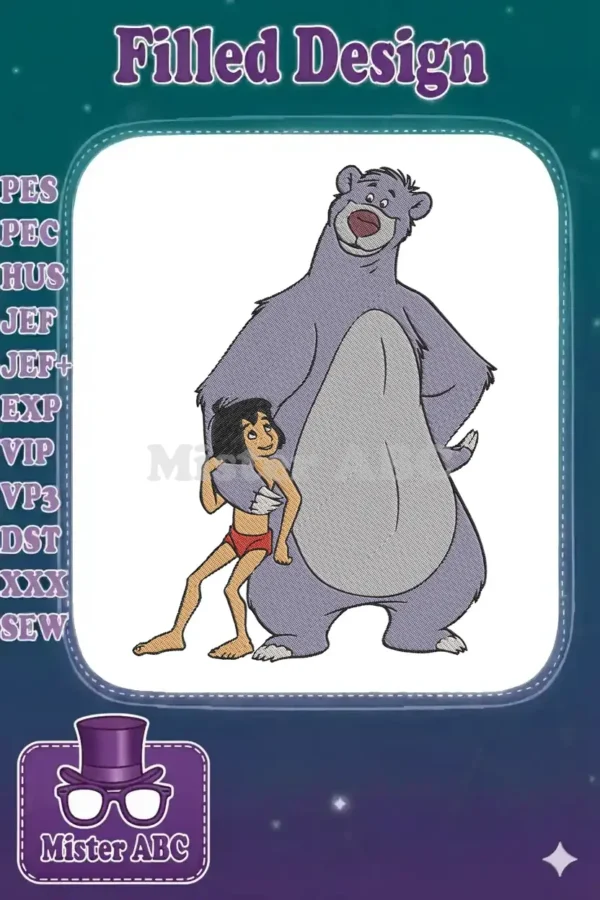 Detailed embroidery design featuring Baloo the bear and Mowgli from The Jungle Book, celebrating their iconic friendship.
