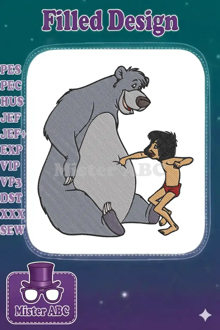 A vibrant embroidery design featuring Baloo the bear and Mowgli from Disney's The Jungle Book, with Mowgli playfully poking Baloo's belly.