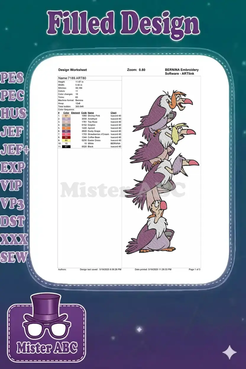 Embroidery design worksheet for '7189.ART80' detailing dimensions, stitch count, color changes, and thread sequence.