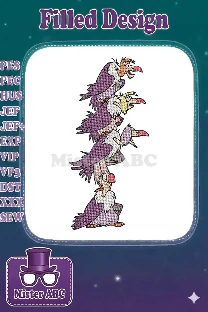 Detailed embroidery design featuring four cartoon vultures from Disney's Jungle Book stacked playfully on top of each other.