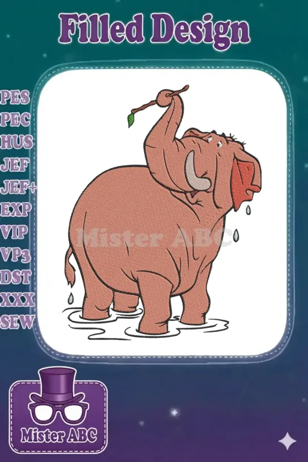 Vibrant embroidery design of Hathi Jr., the playful elephant, splashing water with a stick and leaf.