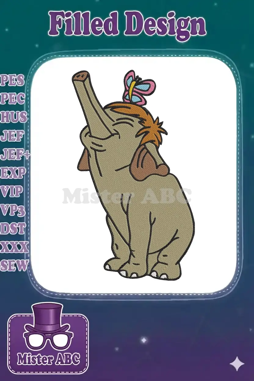 Embroidered baby elephant gazing upwards, a colorful butterfly resting on its head, on a white background.