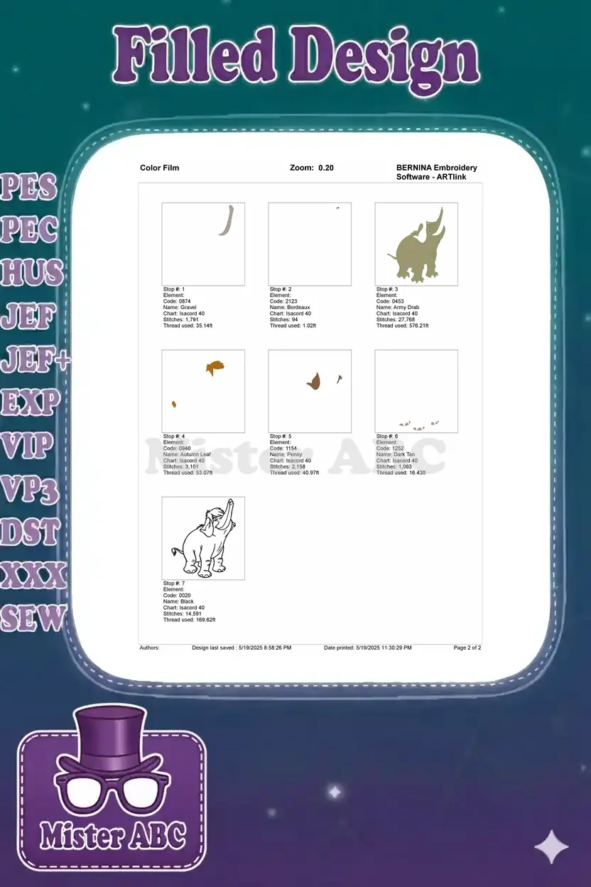 Color film sequence illustrating the stitch order and thread usage for the Hathi Jr. elephant embroidery design.