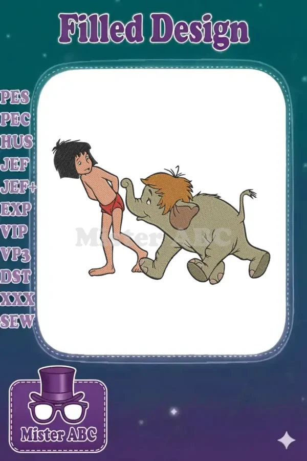 Mowgli and Junior, the playful elephant, in a vibrant embroidery design, perfect for Disney's The Jungle Book fans.