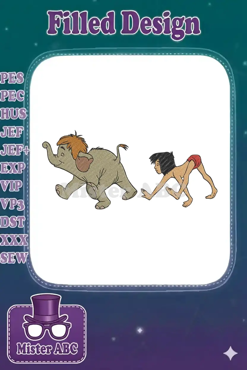 A vibrant embroidery design capturing Mowgli and Junior the elephant calf from Disney's Jungle Book, walking playfully.