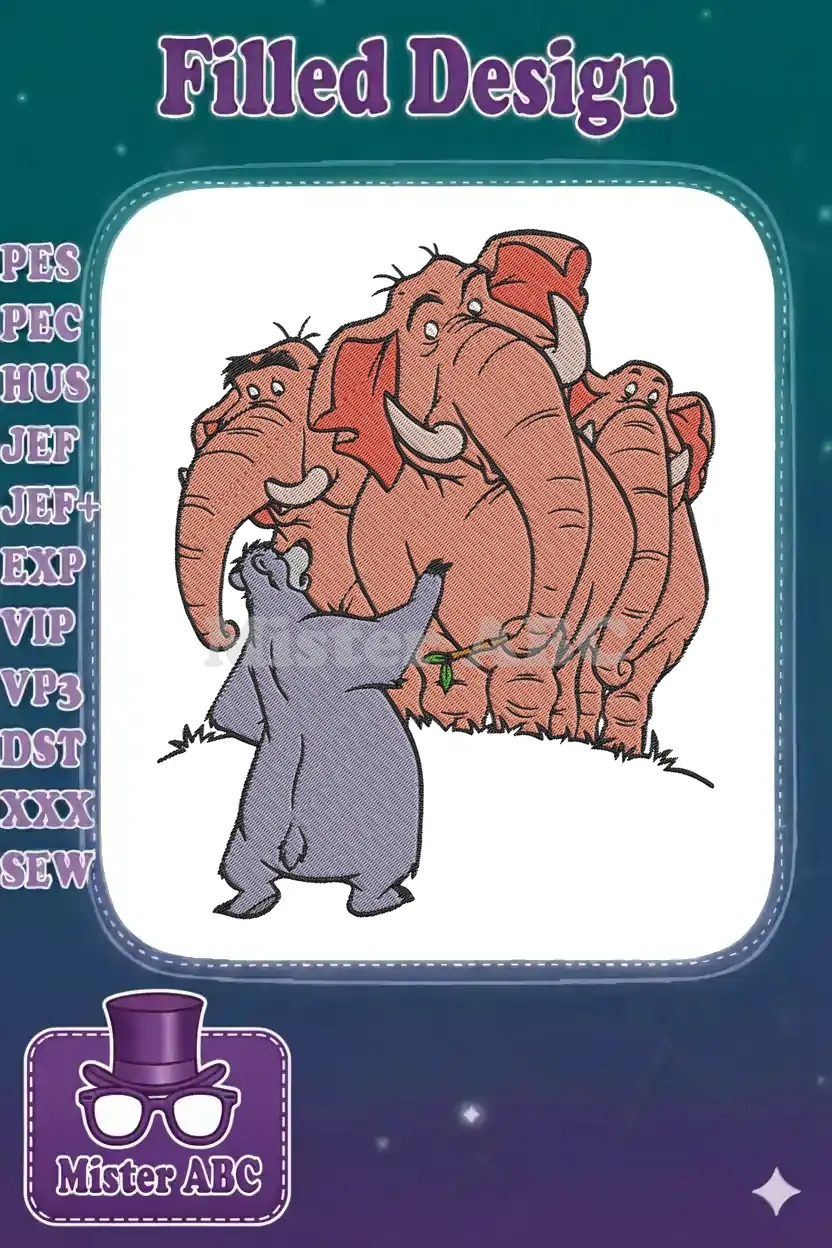 Baloo, the bear, stands on a grassy patch, gesturing up at a line of three large, light reddish-brown elephants.