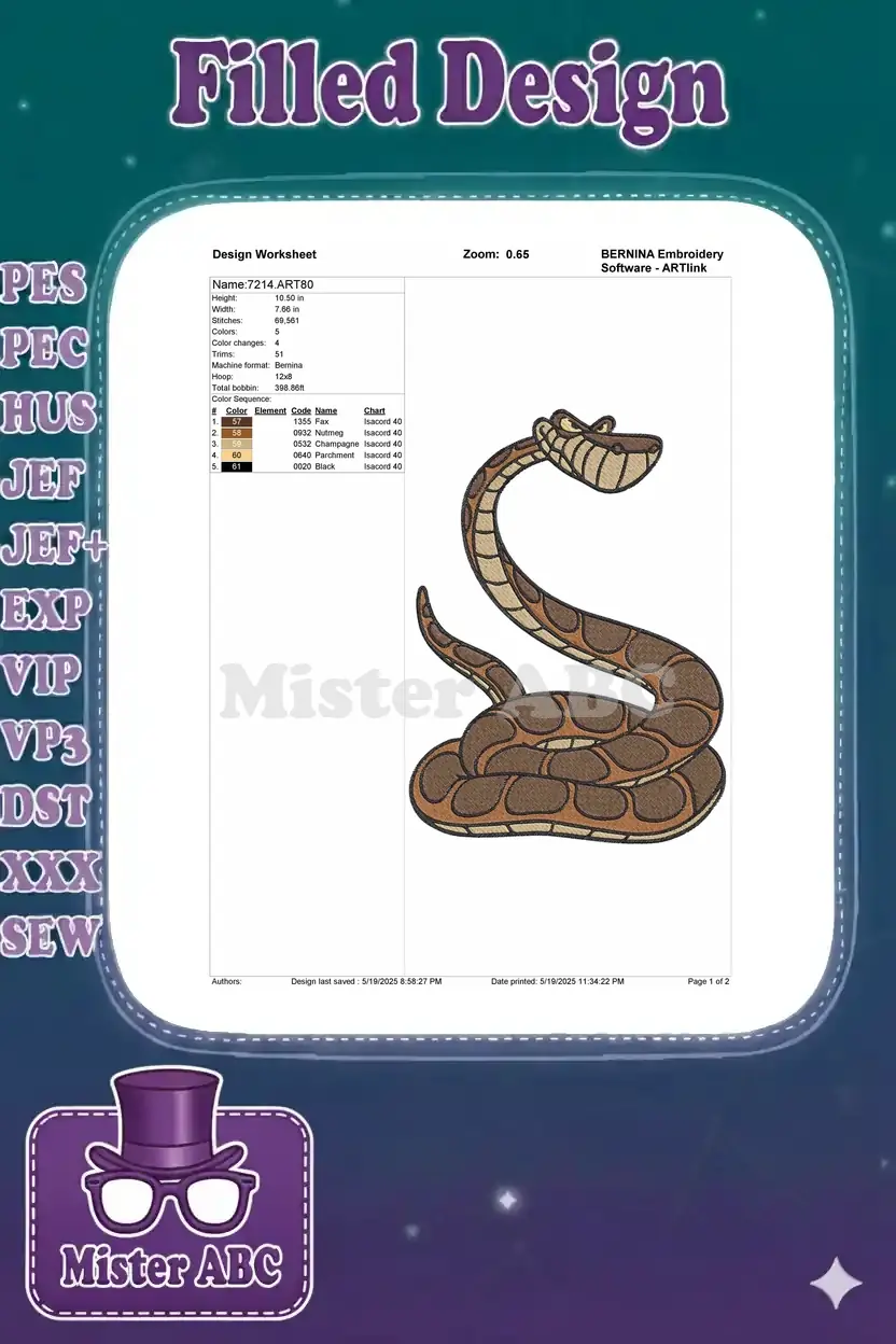 Detailed embroidery design worksheet for the snake, displaying dimensions, stitch count, color sequence, and preview.