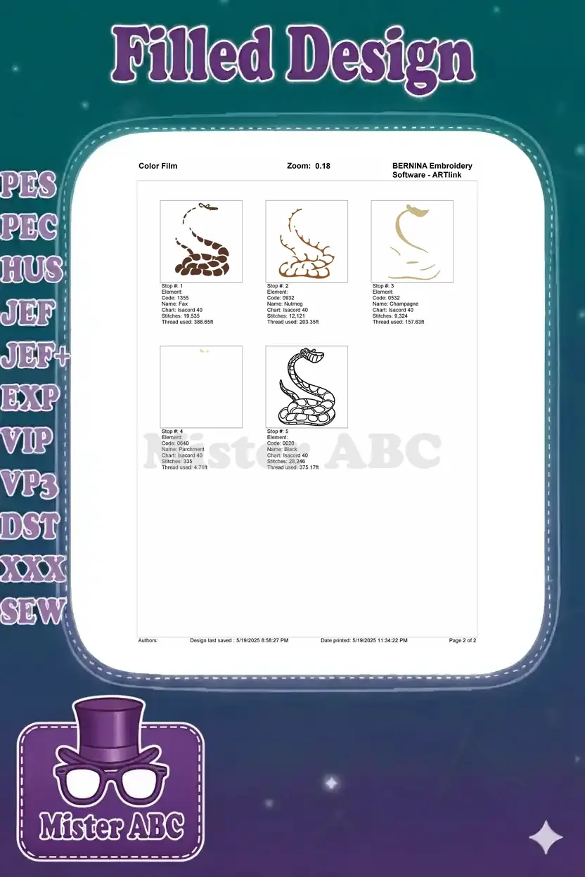 Detailed color film breakdown for the snake embroidery, showing each stitch stop, color, and thread usage.