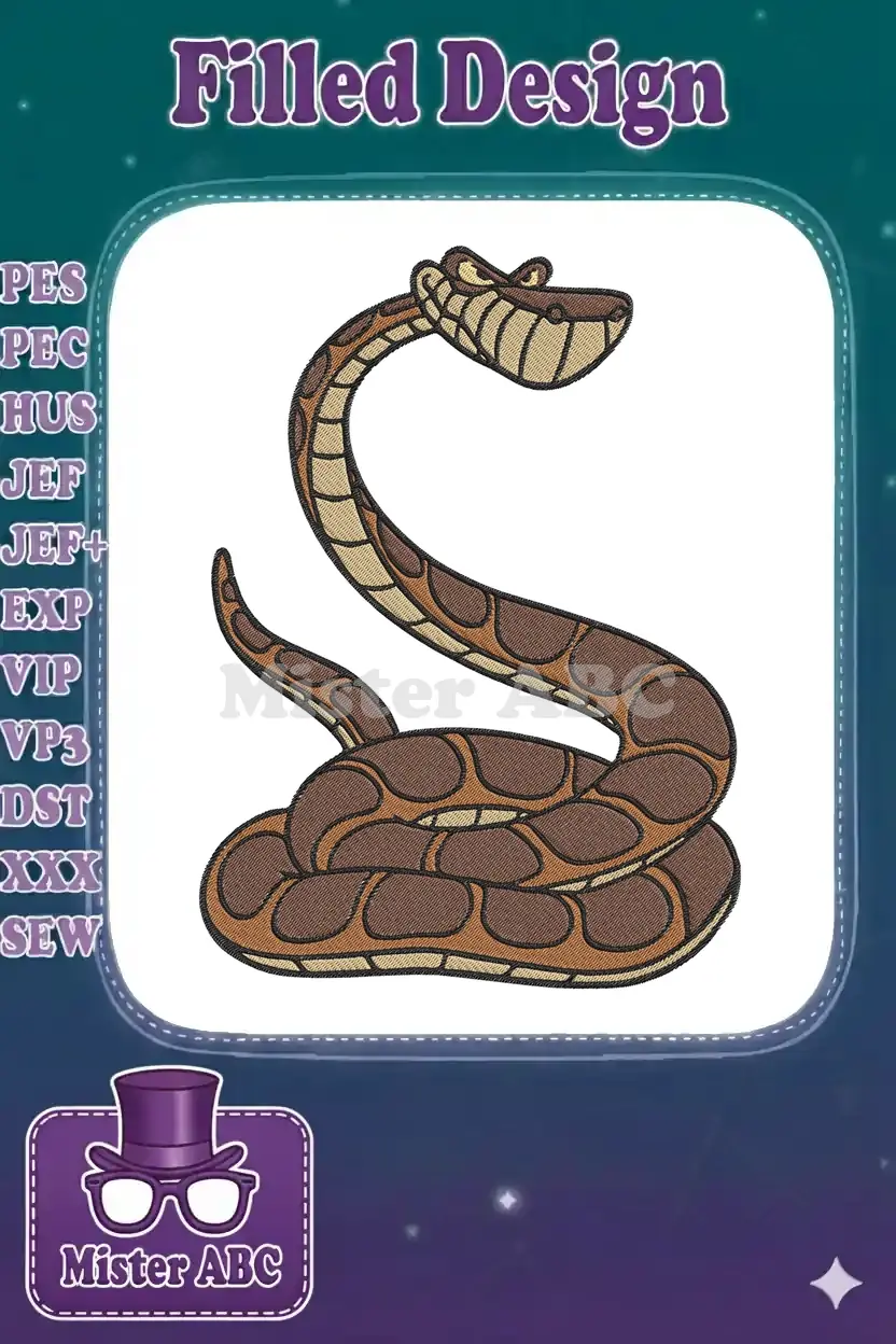 Captivating cartoonish snake embroidery design, coiled with head raised, in shades of brown and tan fill stitches.