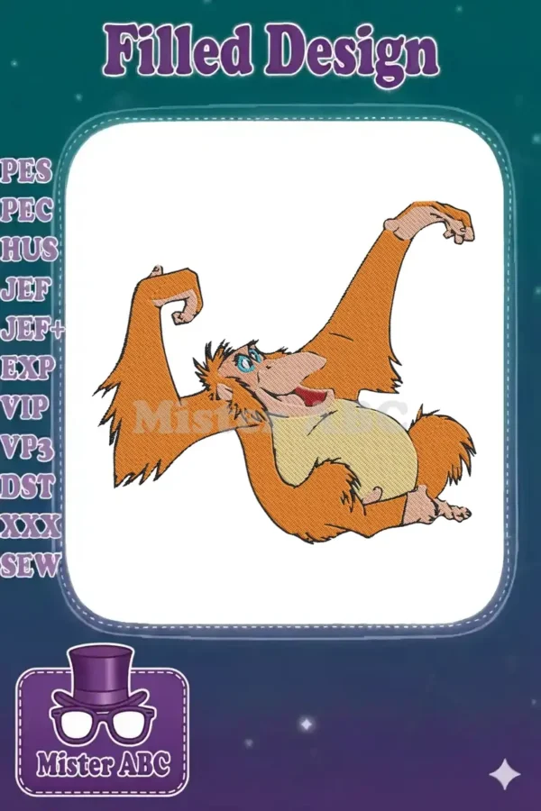 A vibrant embroidery design featuring a playful orangutan, with an open mouth and arms raised, in a joyful pose.