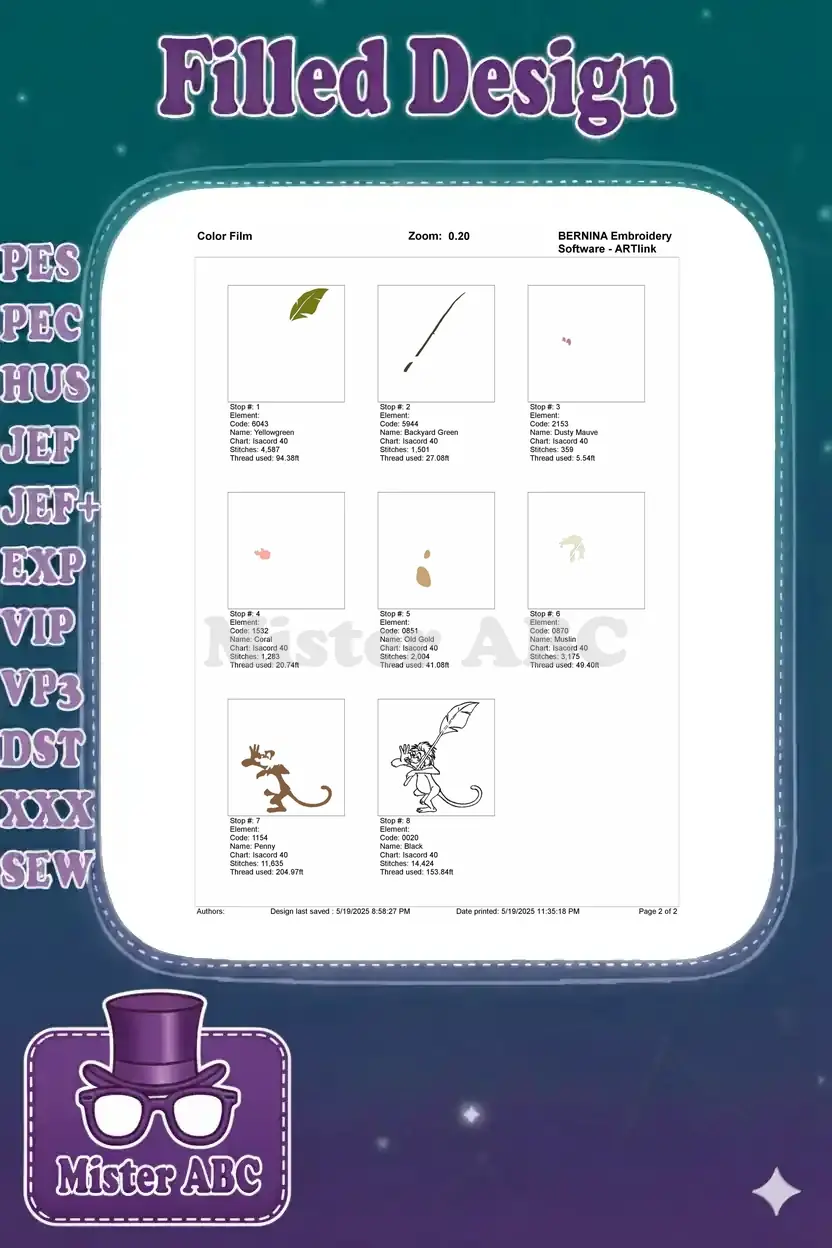 A color film breakdown of the embroidery design, showing each color stop and its stitch sequence individually.
