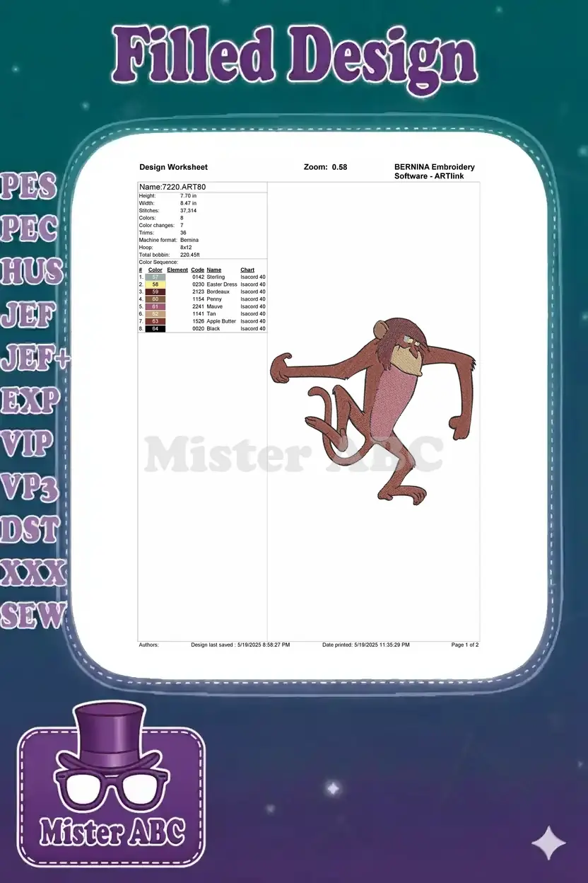 Embroidery design worksheet displaying specifications like dimensions, stitch count, colors, and machine format.