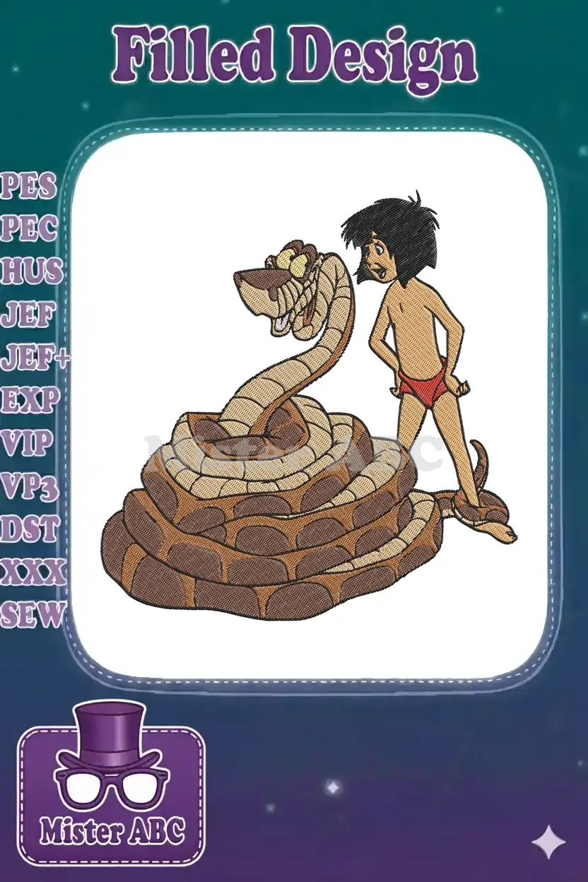 Detailed embroidery design of Mowgli from The Jungle Book interacting with Kaa the snake, on a white background.