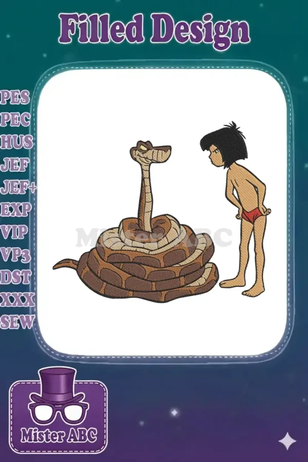 Embroidery design of Mowgli looking at Kaa the snake, coiled on the ground, against a white background.