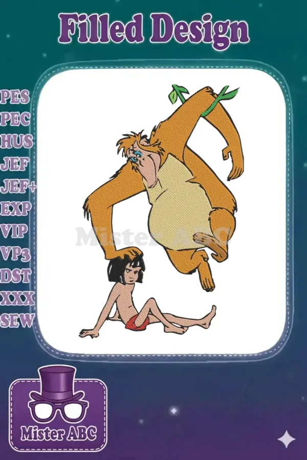 Vibrant embroidery design showcasing King Louie the orangutan swinging above Mowgli from Disney's The Jungle Book.