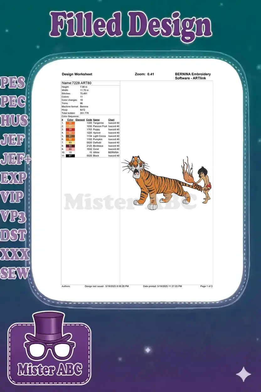 Embroidery design worksheet detailing dimensions, stitch count, color changes, and a comprehensive color chart.