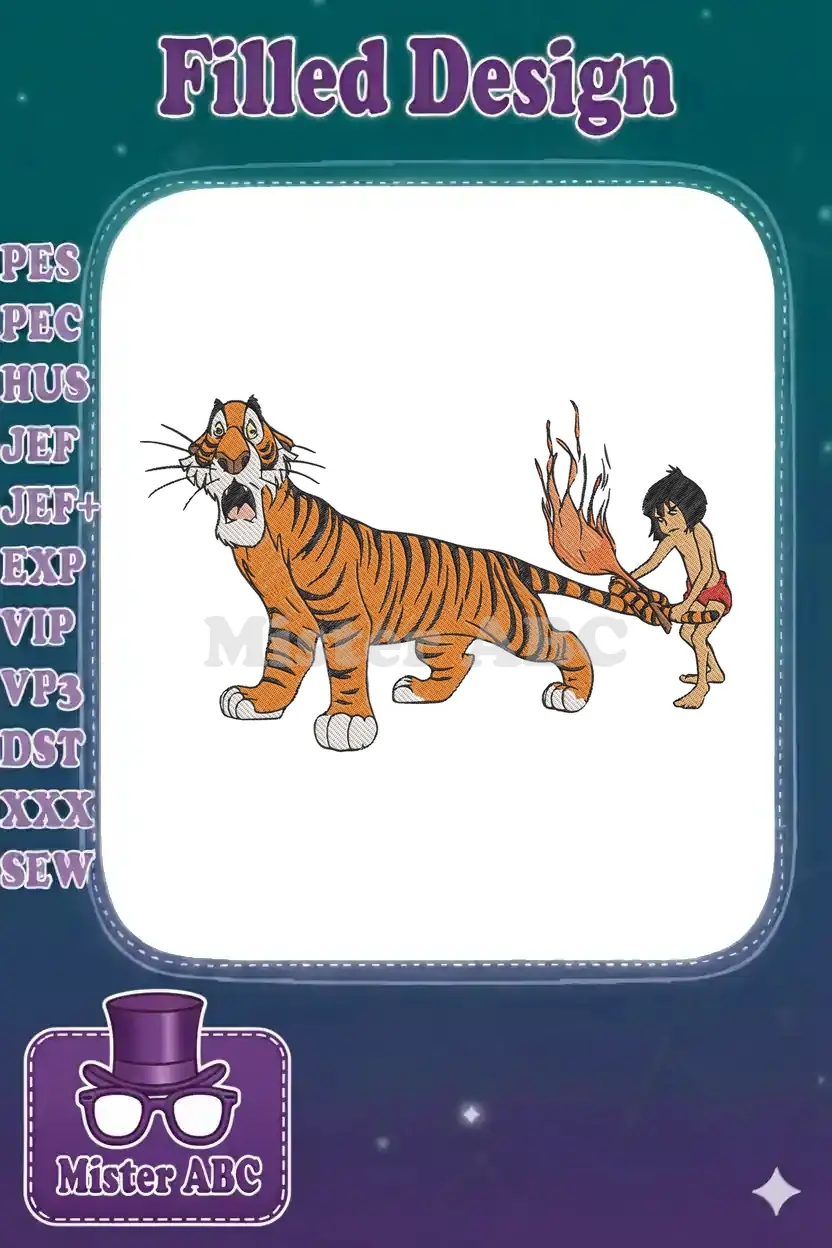Full-body embroidery of a surprised Shere Khan with Mowgli pulling his flaming tail, dynamic and colorful.